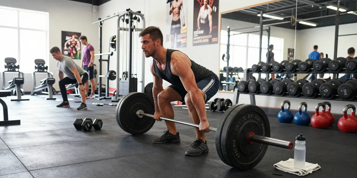 Engagierter Bodybuilder hebt Gewichte in einem hellen Fitnessstudio, was den Fokus des Anabolika Shop Deutschland auf Muskelaufbau und Fitness darstellt.