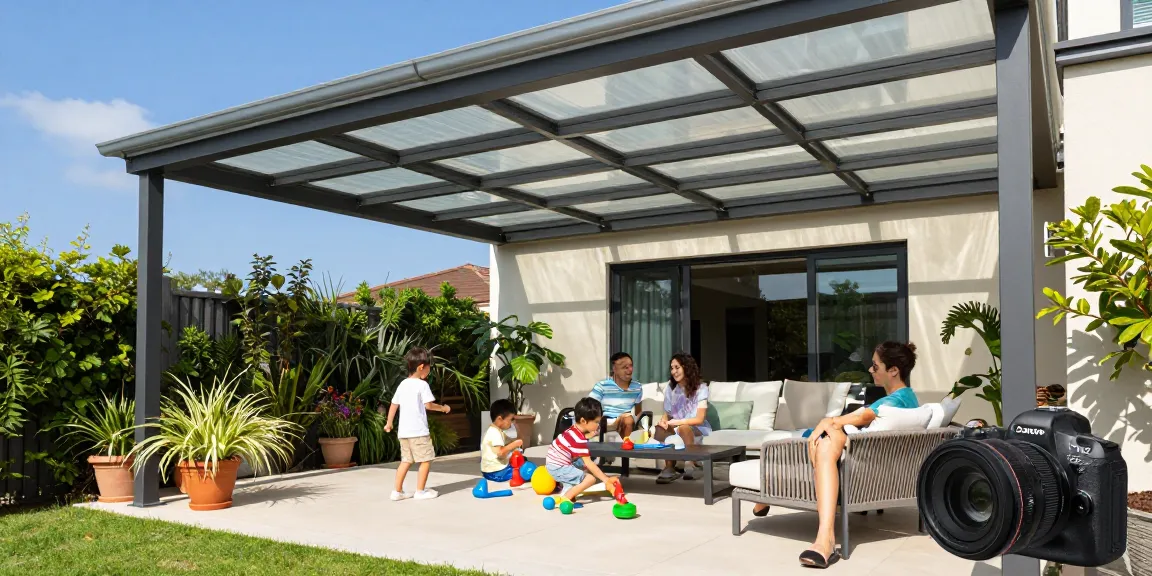 Moderne Terrassenüberdachung mit einer Familie, die eine sonnige Zeit im Freien genießt.