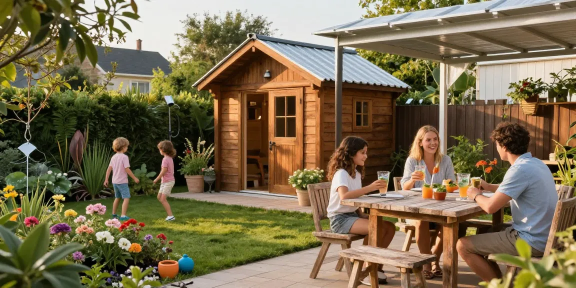 Familie genießt Zeit im Garten mit Gartenhäusern und einer schönen Terrasse.