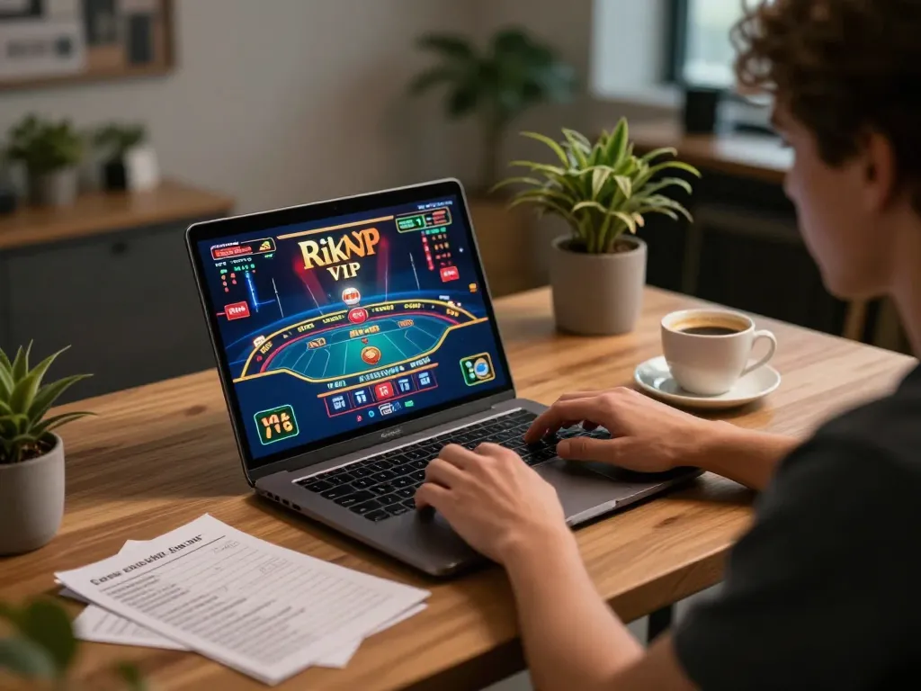 Engaging in Rik VIP online gaming at a modern workspace with vibrant graphics.