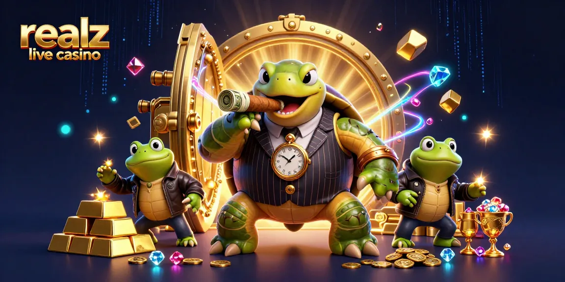 Erlebe die aufregende Atmosphäre im Realz Live-Casino mit einer Schnappschildkröte in einem Vintage-Anzug und beeindruckenden Spielszenen.