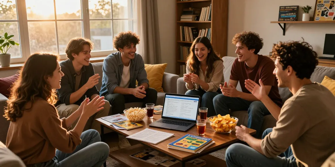 Friends enjoying a lively quiz night, testing their Quiz Allgemeinwissen in a cozy living room.