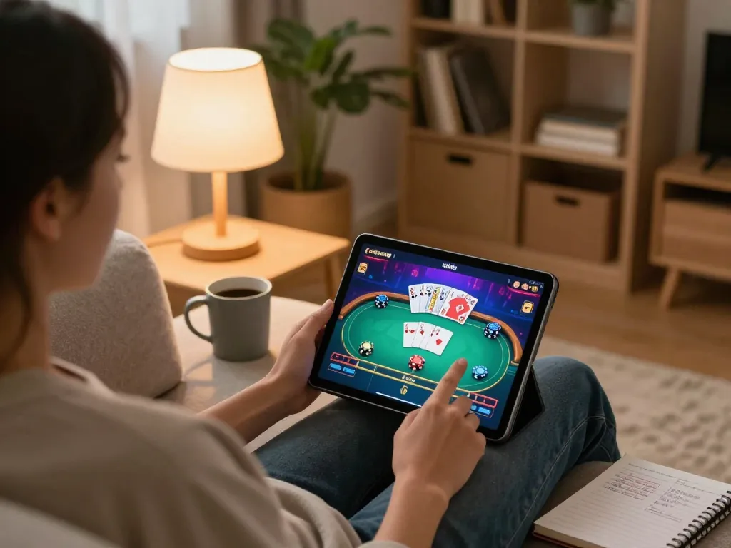 Engaging in online gaming at rikvip with vibrant poker action displayed on a tablet in a cozy home setting.