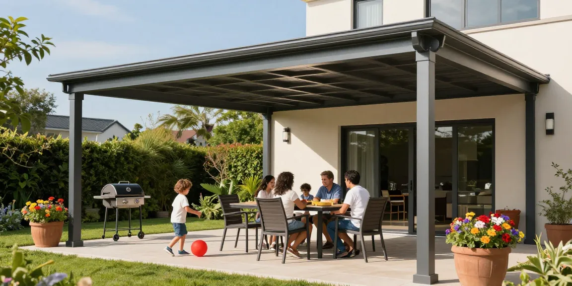 Familie unter einer Terrassenüberdachung, sonniger Tag, stilvolles Aluminiumdesign, Gartenblick.