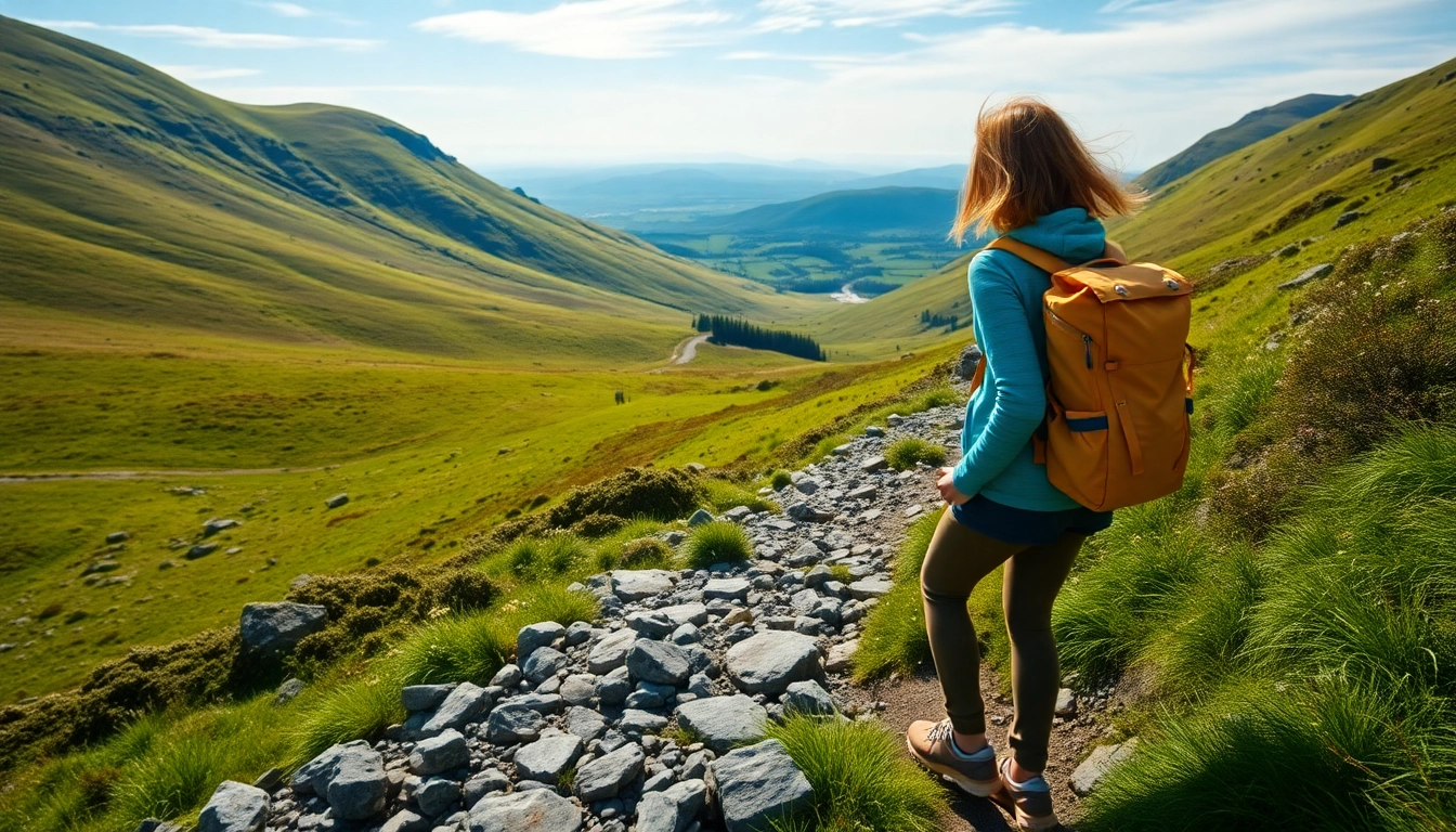 Wandern Irland Urlaub mit einem Wanderer auf einem Pfad in der grünen Irischen Landschaft.