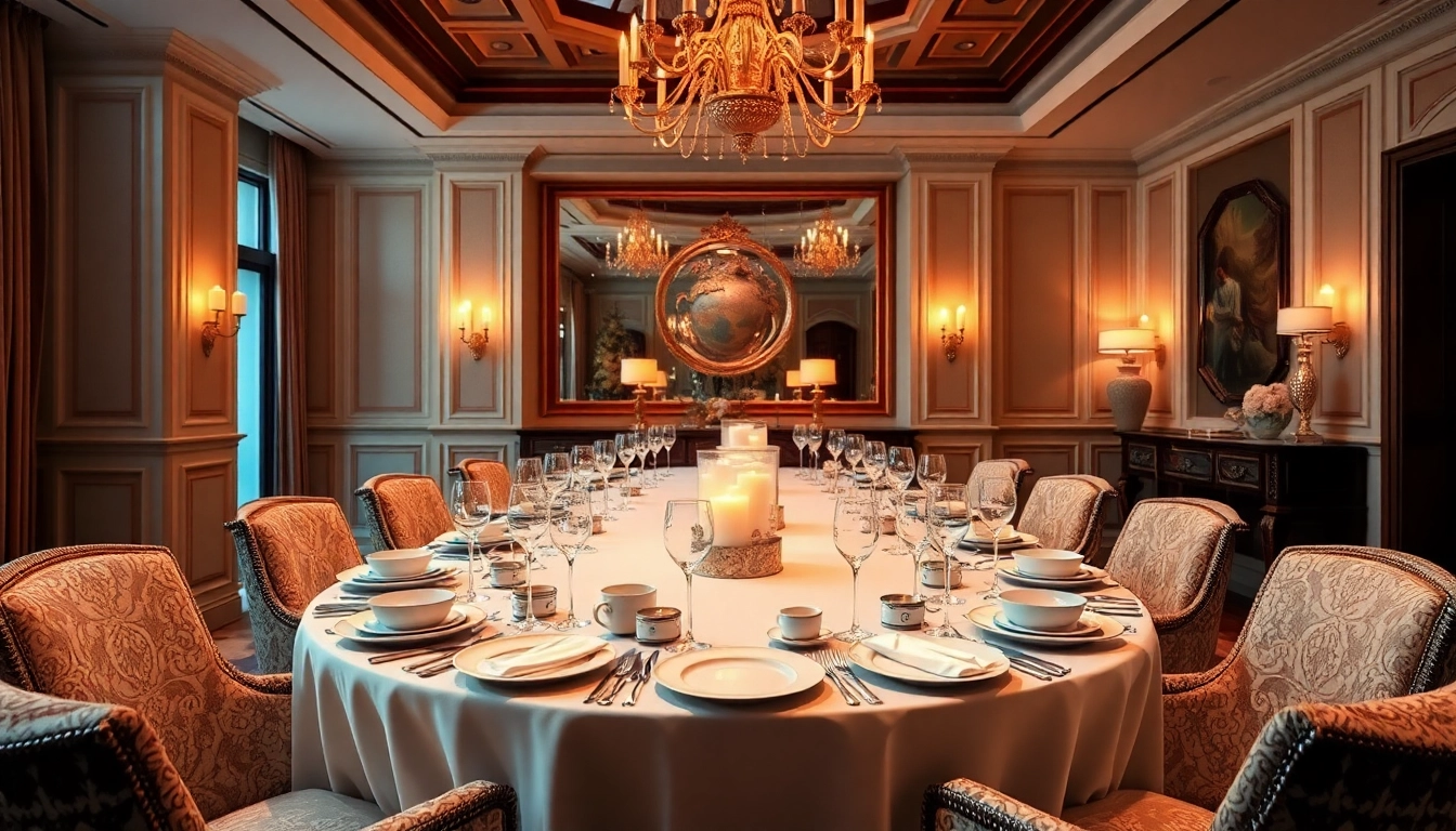 Luxury dining room featuring an elegantly set table and warm ambient lighting for a sophisticated experience.