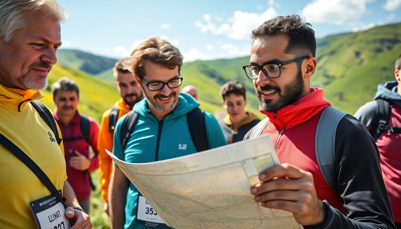 Teilnehmer am Wetziker OL Challenge analysieren ihre Karten in einer malerischen Landschaft.