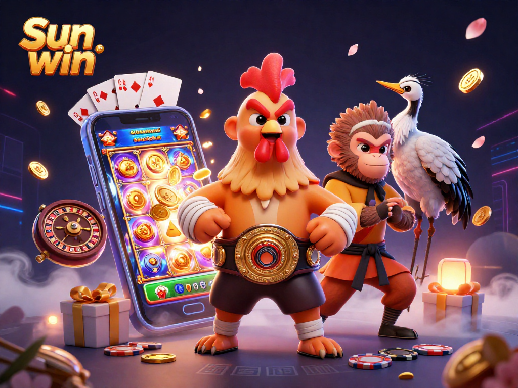 Experience the excitement of Sun win with engaging slots and dynamic casino elements in an animated scene.