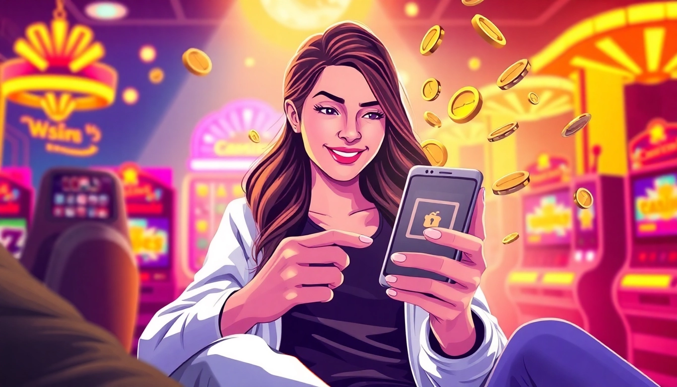 Entdecken Sie die besten Echtgeld Casino Apps auf einem Smartphone in einer funkelnden Casino-Umgebung.