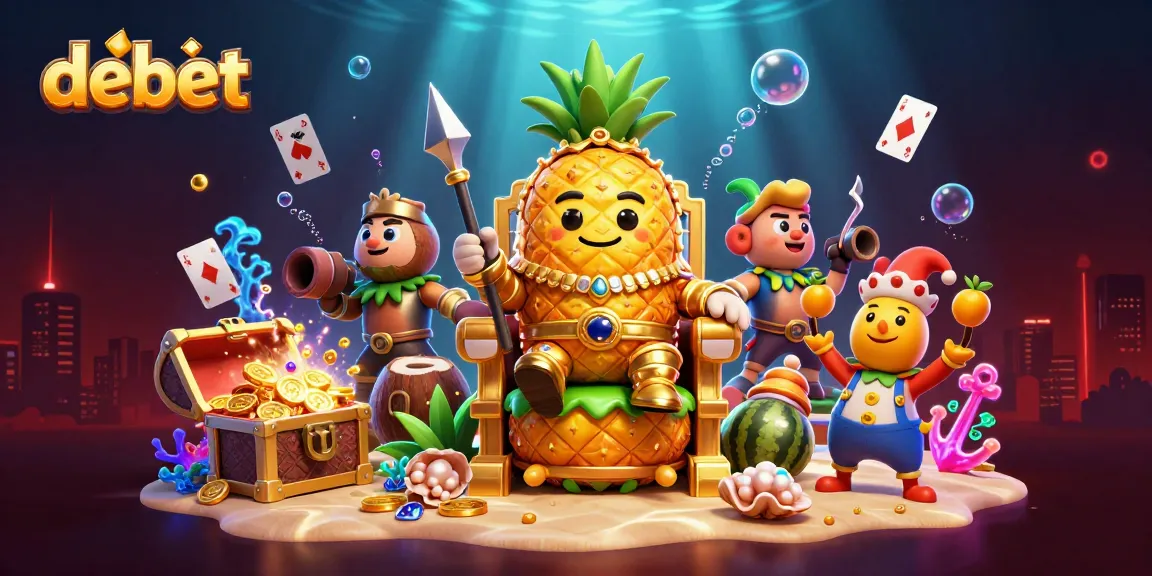 Engage in thrilling gameplay at debet with a vibrant beach casino scene featuring a cartoon pineapple king, co...