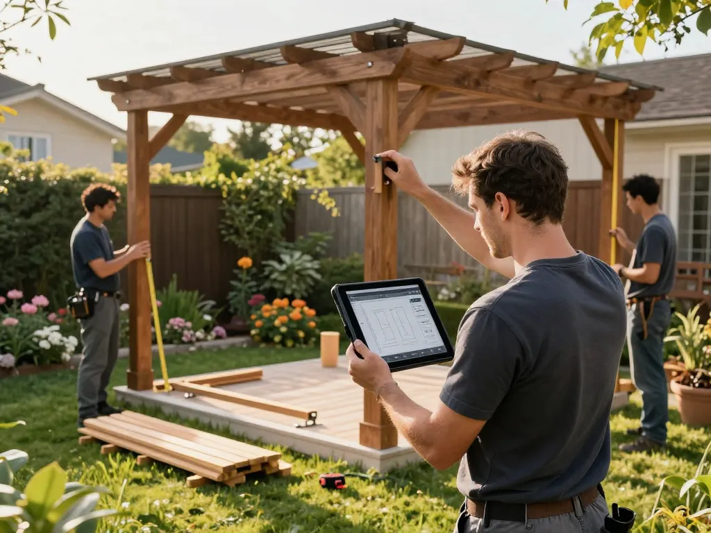 Software für Pergola-Installateure, die von Fachleuten während der Installation einer maßgeschneiderten Pergola im Freien verwendet wird.