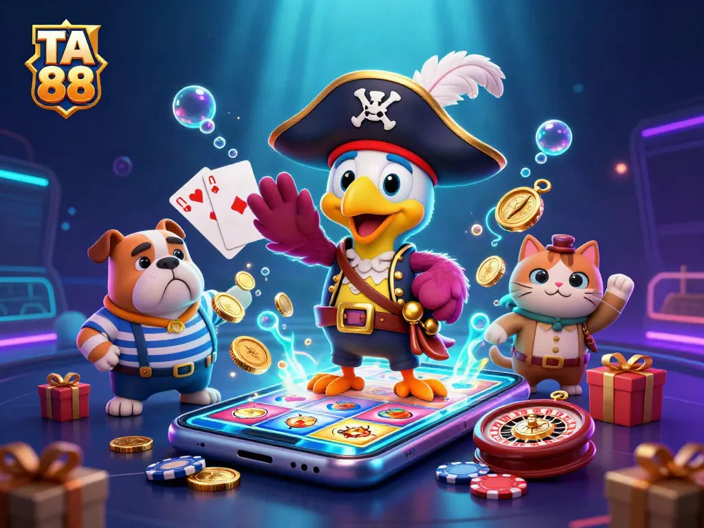 Engaging action at TA 88 casino with a pirate captain and friends around slot games and poker chips.