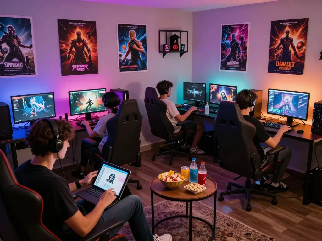 Enjoying a vibrant sex game online experience in a cozy gaming lounge with devices and snacks.