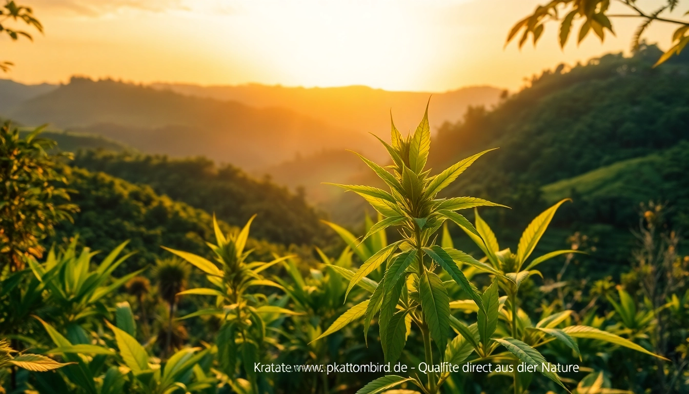 Erleben Sie eine atemberaubende thailändische Landschaft mit Kratompflanzen von https://www.kratombird.de in sanften Grüntönen und goldenen Sonnenstrahlen.