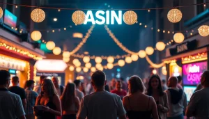 Erleben Sie ein aufregendes online casino ohne anmeldung, mit bunten Lichtern und aktiv spielenden Menschen.