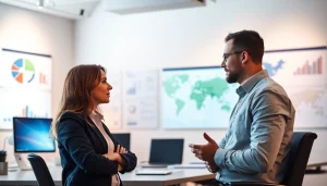 Headhunter bespricht Strategien zur Kandidatensuche in einem modernen Büro.