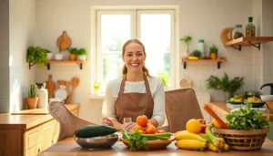 Hauswirtschaftskraft in Hameln trägt frisches Obst in einer einladenden Küche und strahlt Freundlichkeit aus.