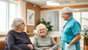 Pflegedienst Werbung durch persönliche Interaktionen zwischen Pflegepersonal und älteren Klienten in einer modernen Pflegeeinrichtung.