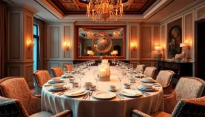 Luxury dining room featuring an elegantly set table and warm ambient lighting for a sophisticated experience.