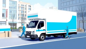 Schneller Umzug Berlin: Professionelle Umzugshelfer beladen einen Transportwagen mit Möbeln in einem urbanen Umfeld für einen effizienten Umzug.