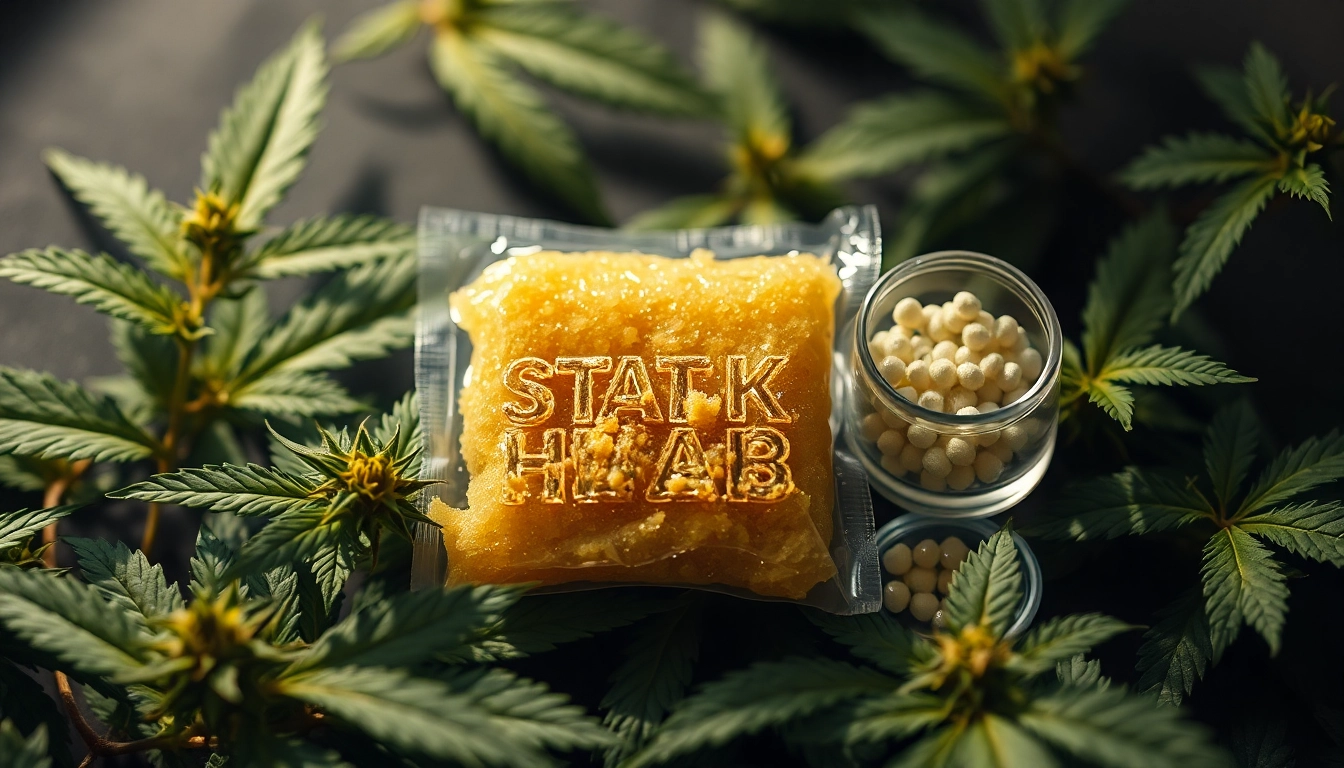 Entdecken Sie den glitzernden Static Hash, umgeben von frischen Cannabisblättern und Harzkristallen, in einem beruhigenden und luxuriösen Ambiente.