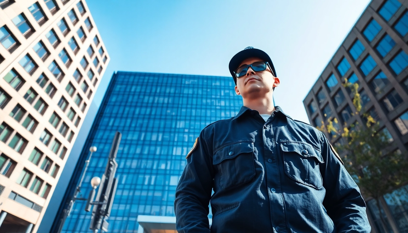 Objektschutz durch einen Sicherheitsprofi in einer urbanen Umgebung mit modernem Bürogebäude im Hintergrund.