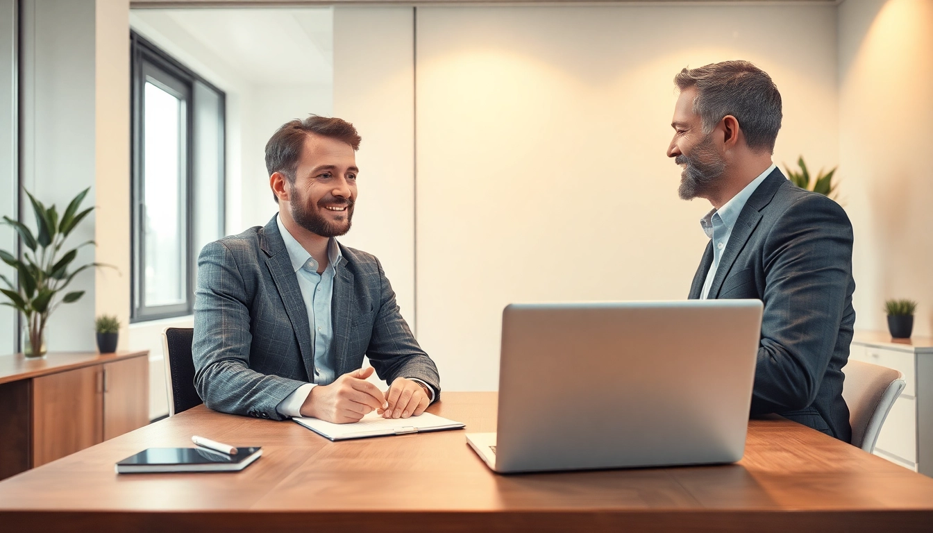 Berater und Klient im Gespräch zur Personalvermittlung, umgeben von Lebensläufen und einem Laptop.