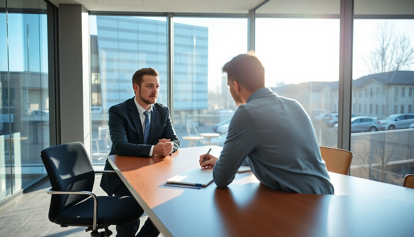 Headhunter Düsseldorf führt ein Gespräch mit einem Bewerber in einem modernen Büro.