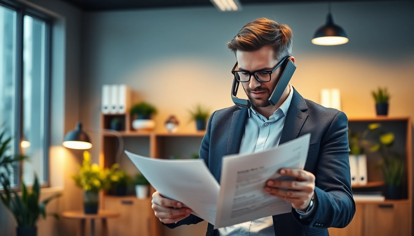 Headhunter Leverkusen besucht ein modernes Büro und prüft Lebensläufe am Telefon.