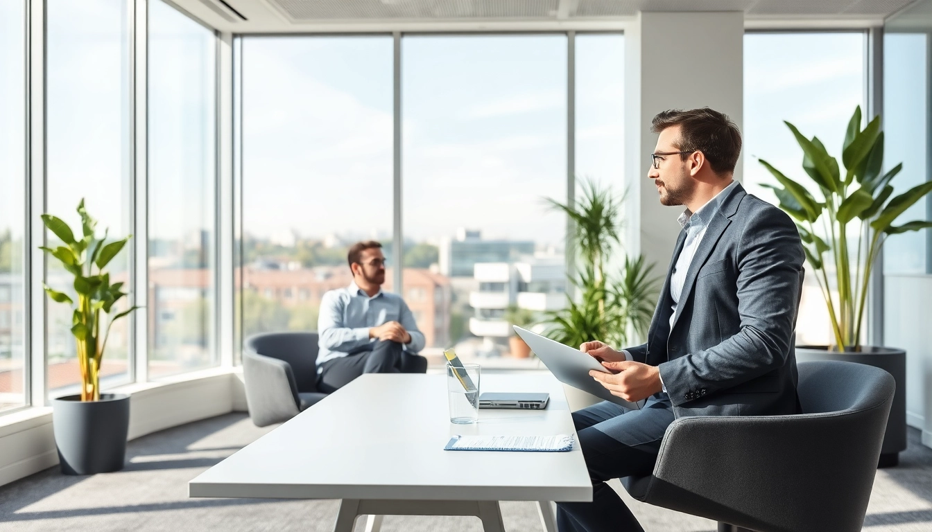 Headhunter Wolfsburg in einem modernen Büro bei einem Beratungsgespräch mit einem Unternehmensvertreter.