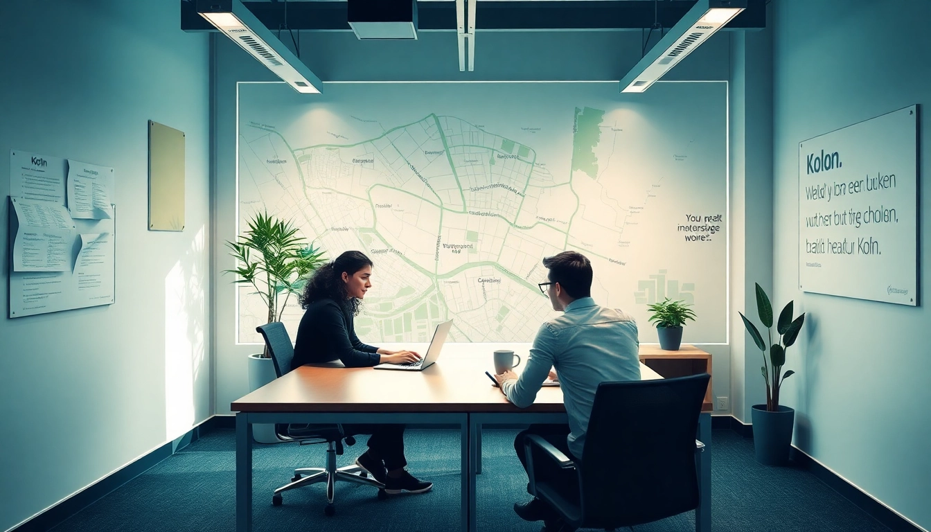 Aktiver Headhunter Köln bei der Arbeit in modernem Büro mit Lebensläufen und Laptop.