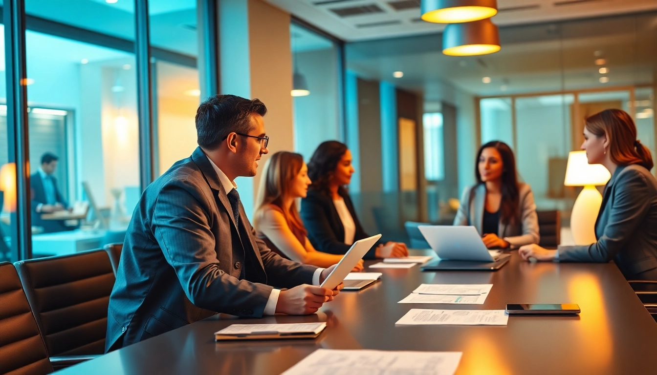 Headhunter Sales professionals collaborating with clients in a modern office.