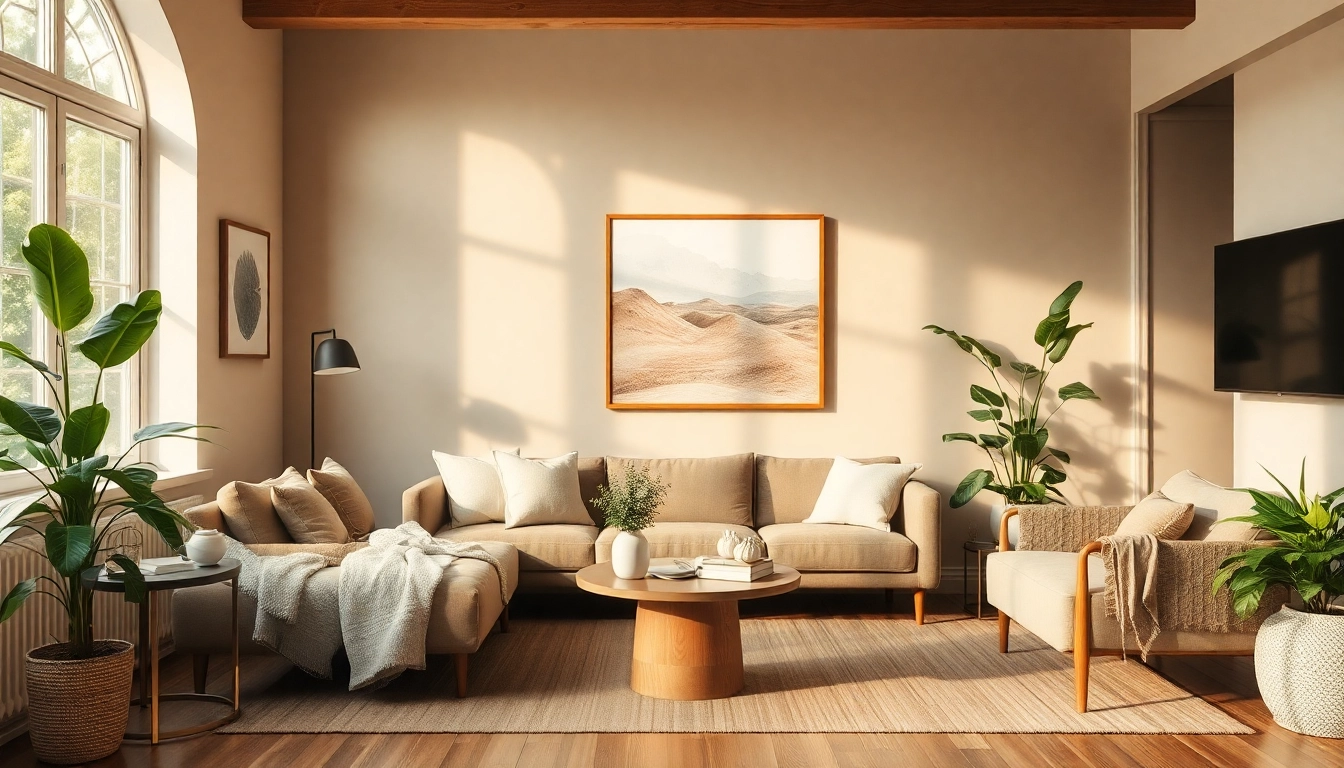 Gestalten Sie Ihr Zuhause mit einzigartiger Raumgestaltung, die Erdtöne und warme Akzente kombiniert.