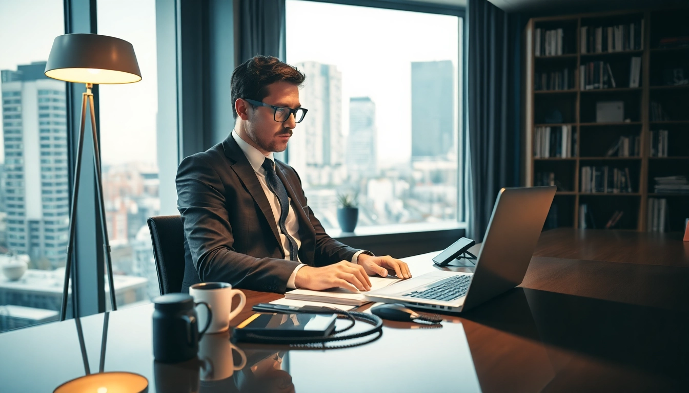 Headhunter Geschäftsführer arbeitet konzentriert in modernem Büro.