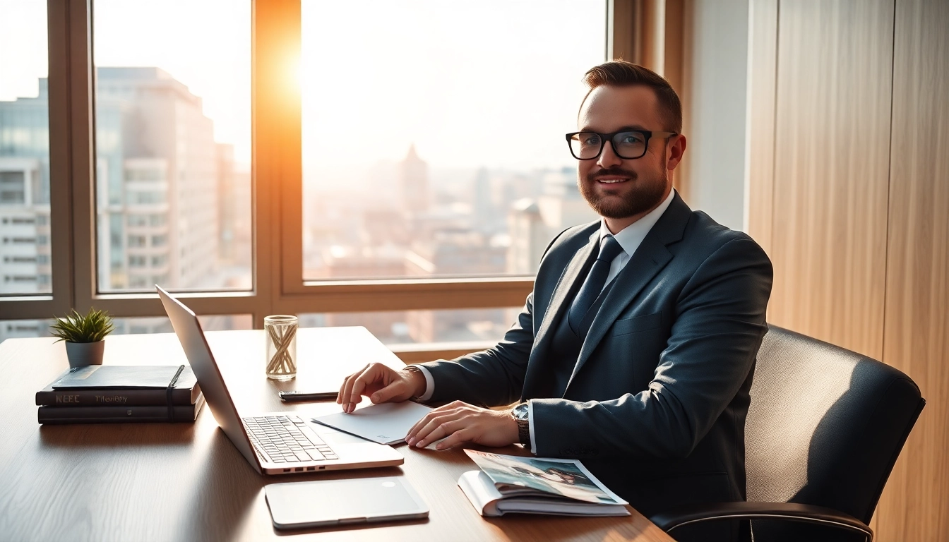 Headhunter IT bei der Arbeit, professionell im Büro mit Lebensläufen und Laptop.
