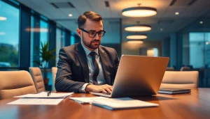 Headhunter IT arbeitet konzentriert in einem modernen Büro mit Laptop und Notizen.