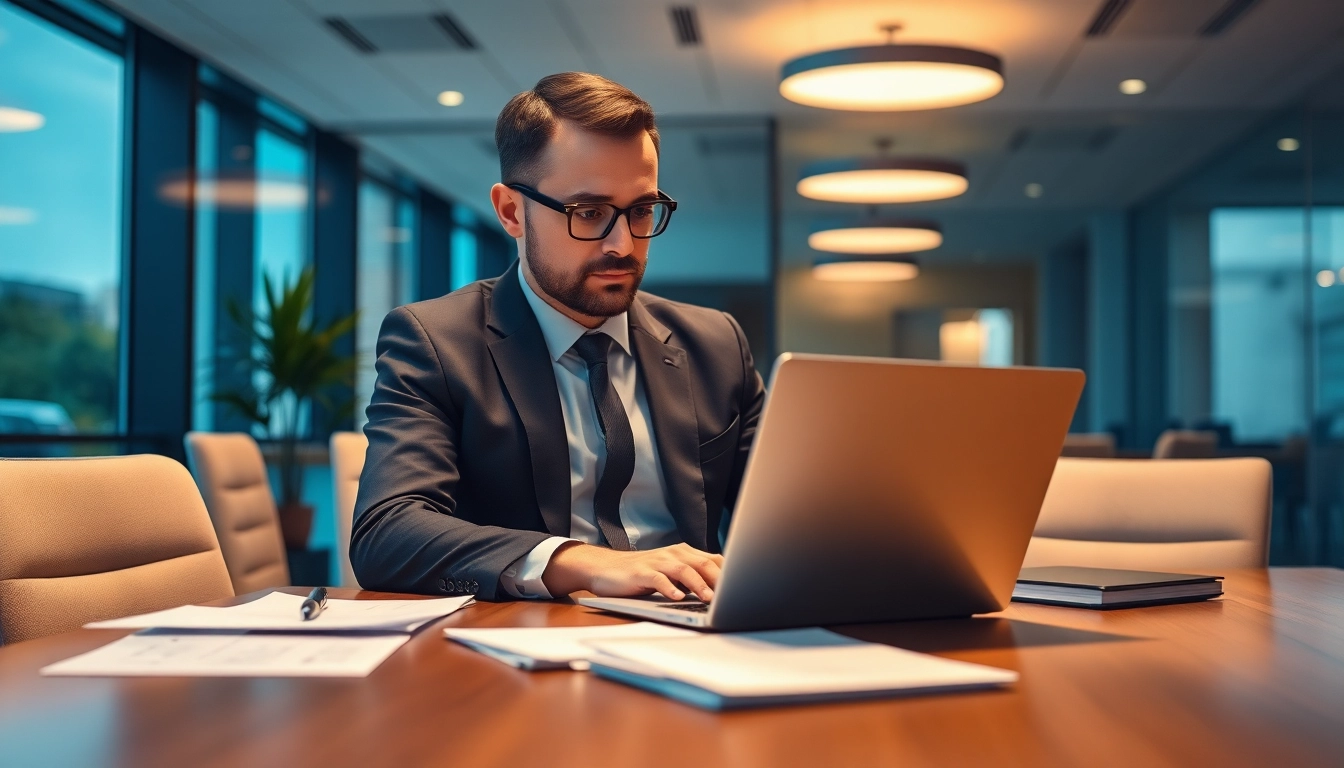Headhunter IT arbeitet konzentriert in einem modernen Büro mit Laptop und Notizen.
