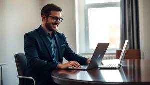 Headhunter IT im modernen Büro, professionell und einladend, auf Laptop fokussiert.
