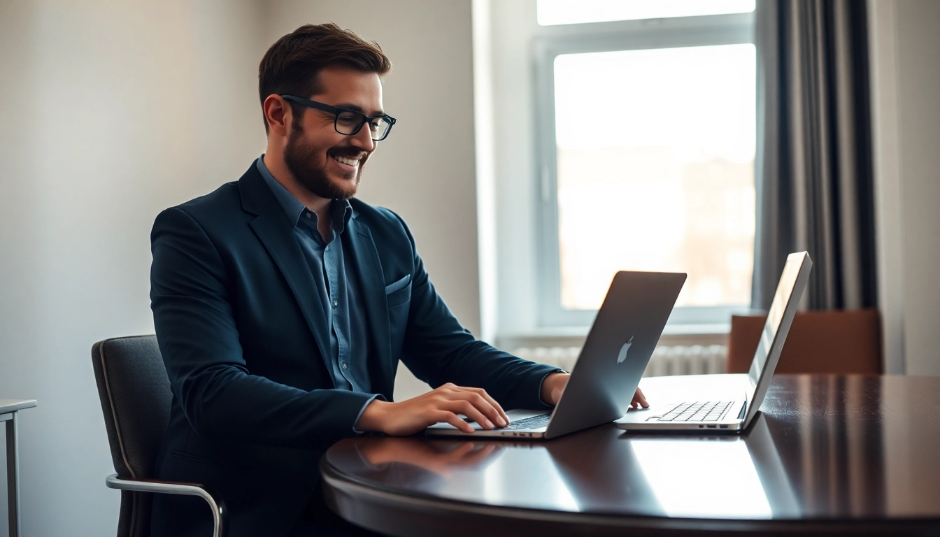 Headhunter IT im modernen Büro, professionell und einladend, auf Laptop fokussiert.