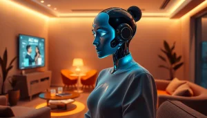 AI sex bot engaging in a digital interaction in a cozy, modern lounge setting.