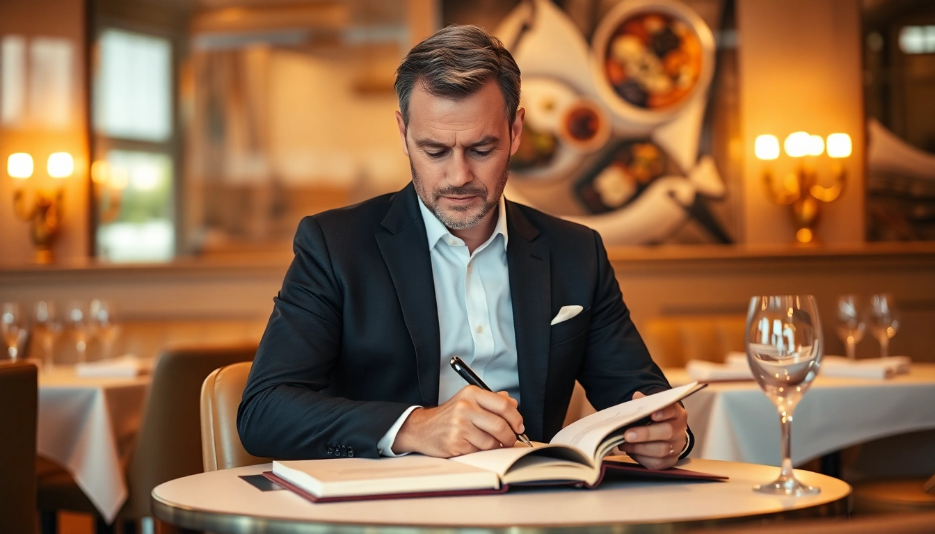 Headhunter Gastronomie bei der Arbeit in einem eleganten Restaurant, fokussiert und umgeben von gastronomischen Elementen.