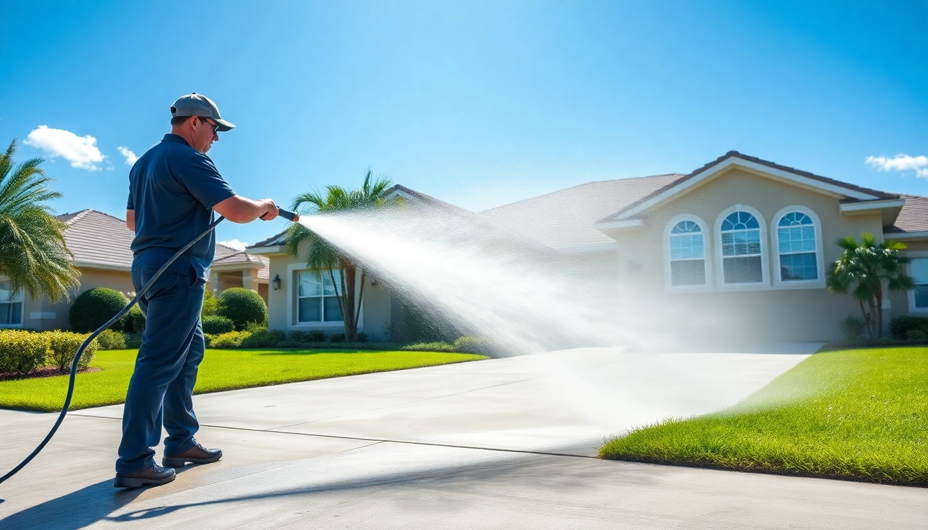 Driveway pressure wash performed by a professional technician, showcasing effective exterior cleaning in Kissimmee.