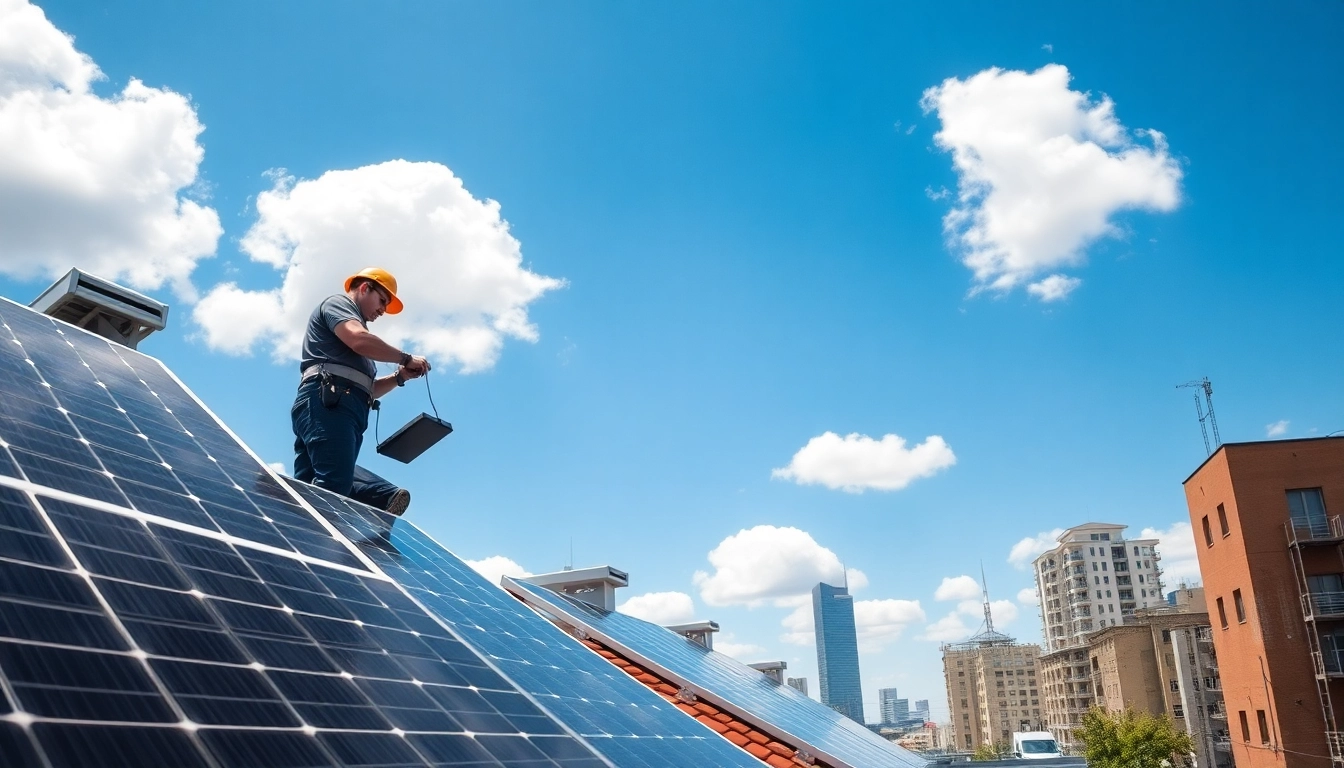 Photovoltaikanlage Kaufen Wien mit einem Techniker, der an einer Solarinstallation arbeitet.