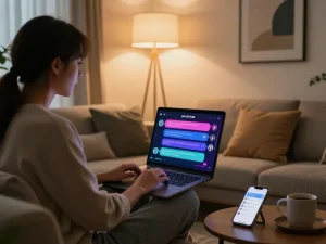 Interactive scene of a person chatting with AI on a laptop focusing on sex AI chat in a cozy setting.