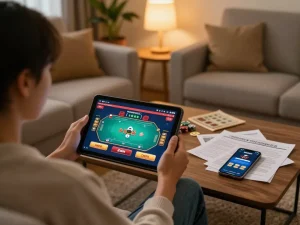 Engaging with 32win online casino games on a tablet from a cozy home setting.