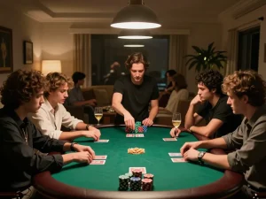 Exciting poker gameplay with players analyzing hands, using the KI Detektor deutsch for analyzing text accuracy in their strategies.