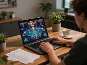 Engaging in Rik VIP online gaming at a modern workspace with vibrant graphics.