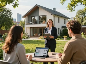 Immobilienmakler Frankfurt Ginnheim, der eine moderne Immobilie präsentiert und potenziellen Käufern hilft.