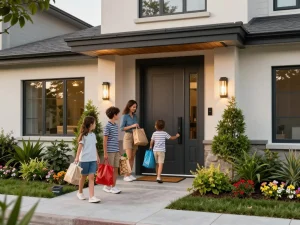 Stylische Haustür am modernen Hauseingang mit ankommender Familie