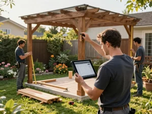 Software für Pergola-Installateure, die von Fachleuten während der Installation einer maßgeschneiderten Pergola im Freien verwendet wird.